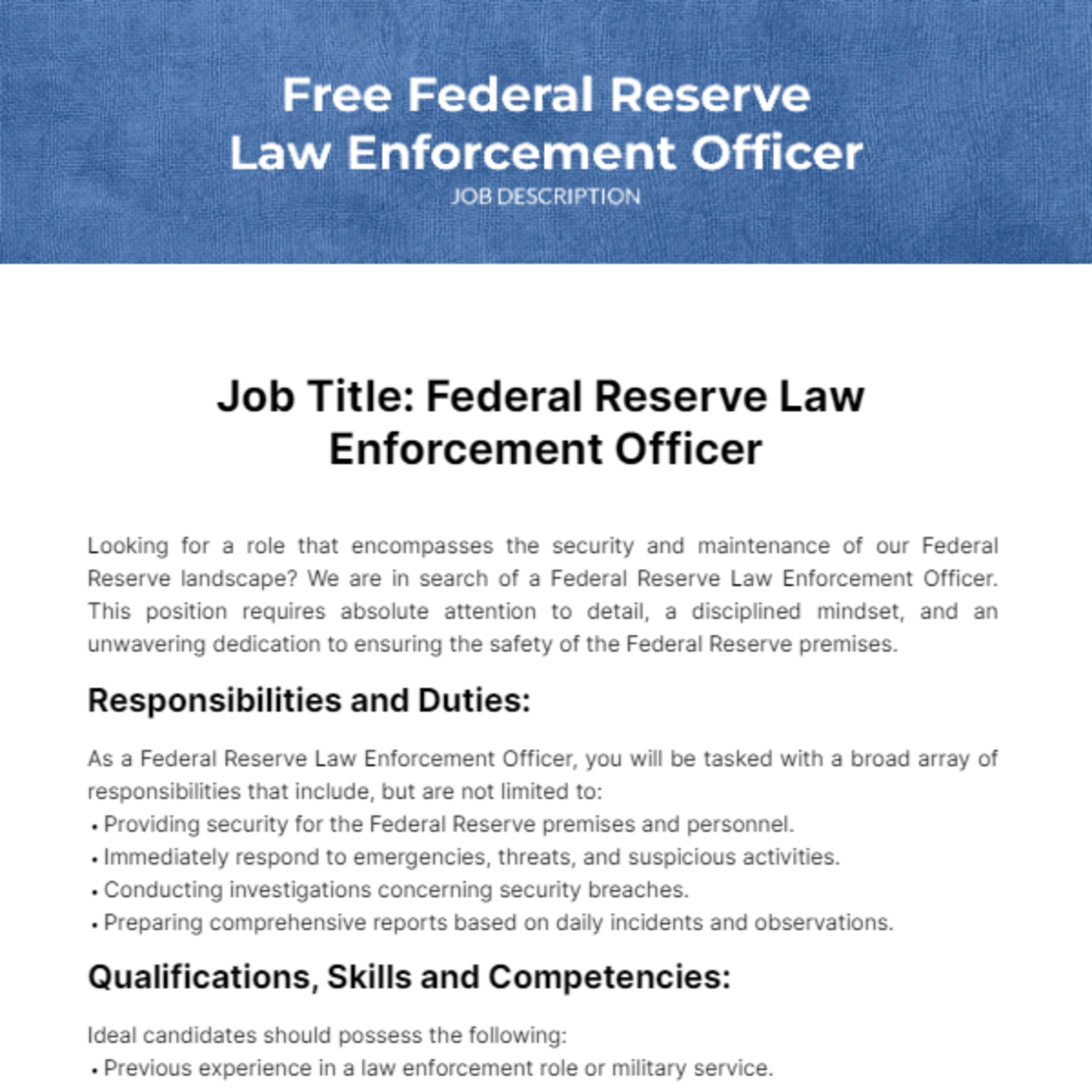 Free Federal Reserve Law Enforcement Officer Job Description Template