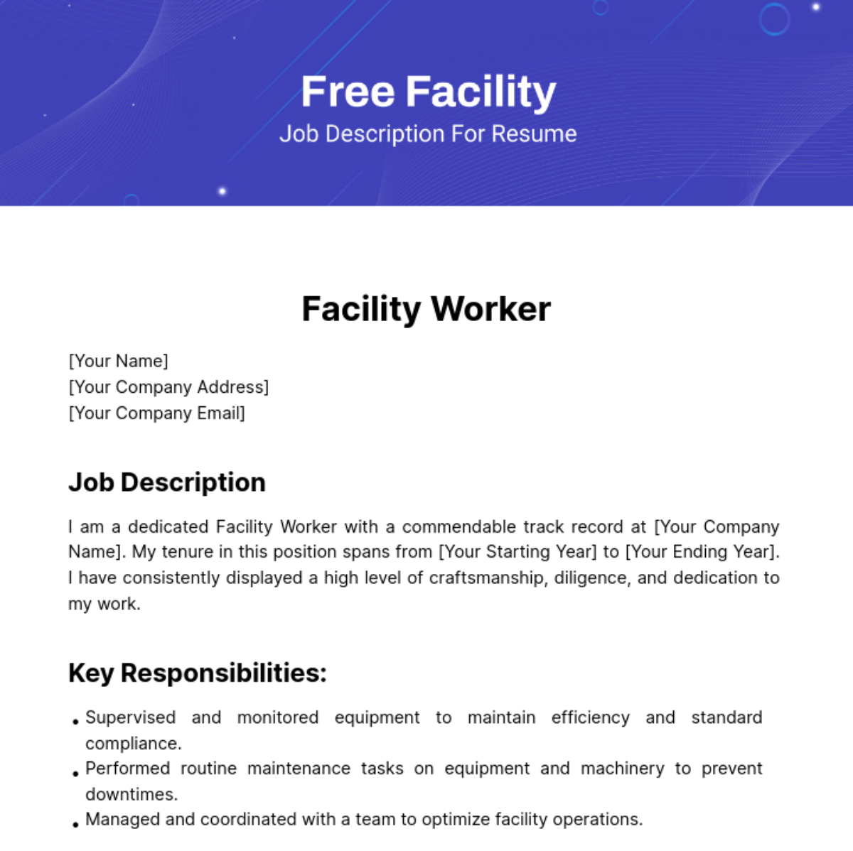 Facilities Job Description For Resume Template