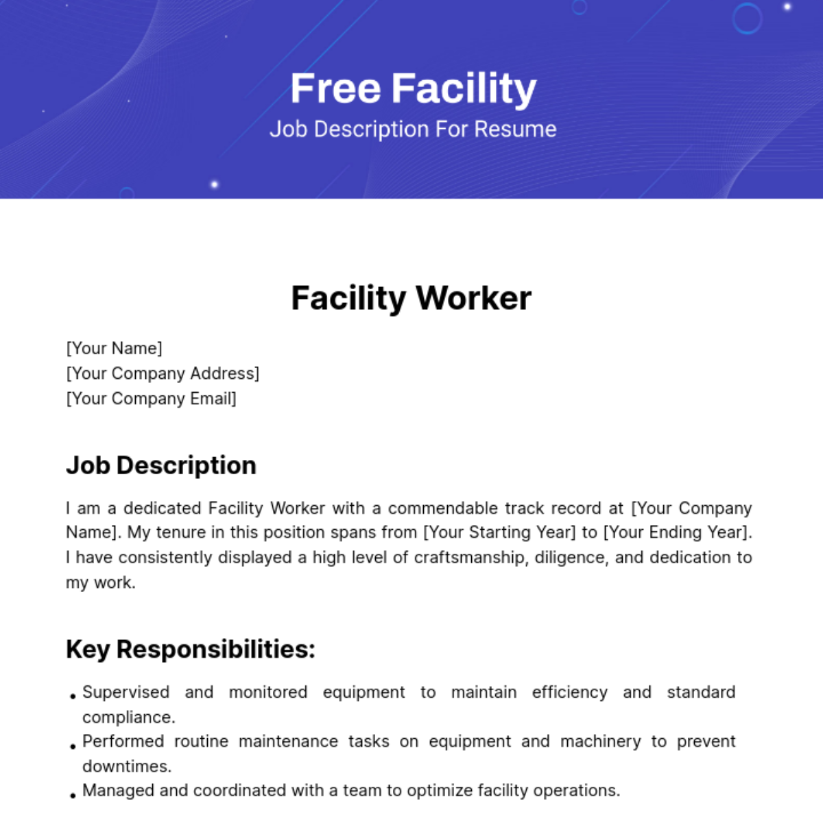 FREE Facilities Job Description Templates Examples Edit Online 