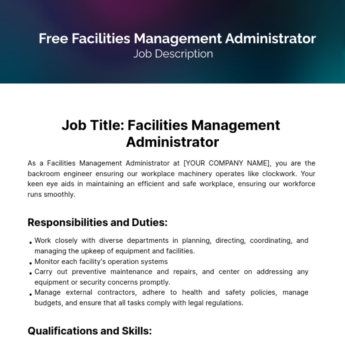Facilities Management Administrator Job Description Template