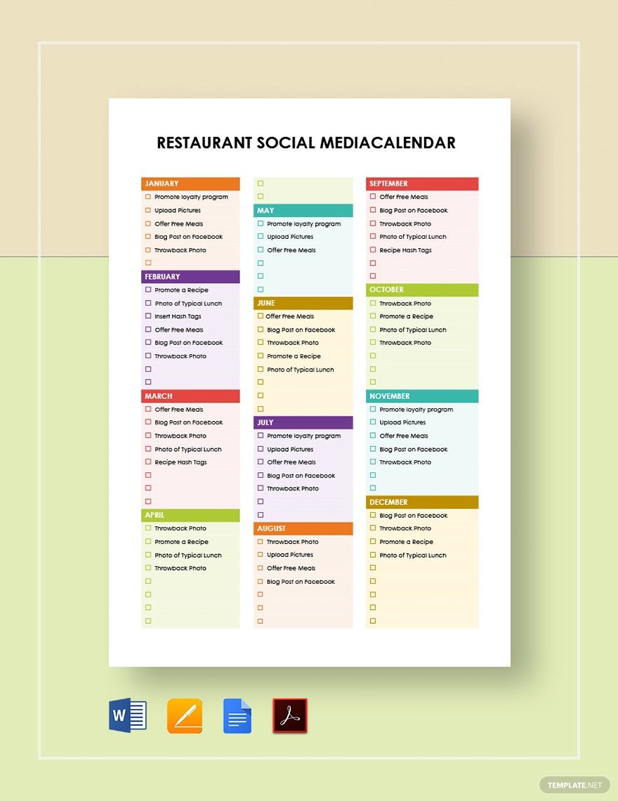 Restaurant Social Media Calendar Template In Pages Word Google Docs