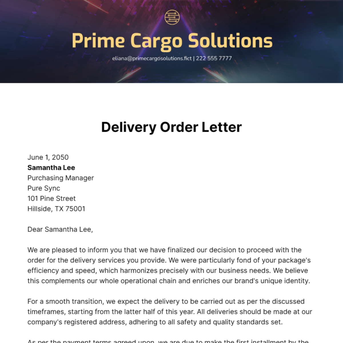 Free Delivery Order Letter Template