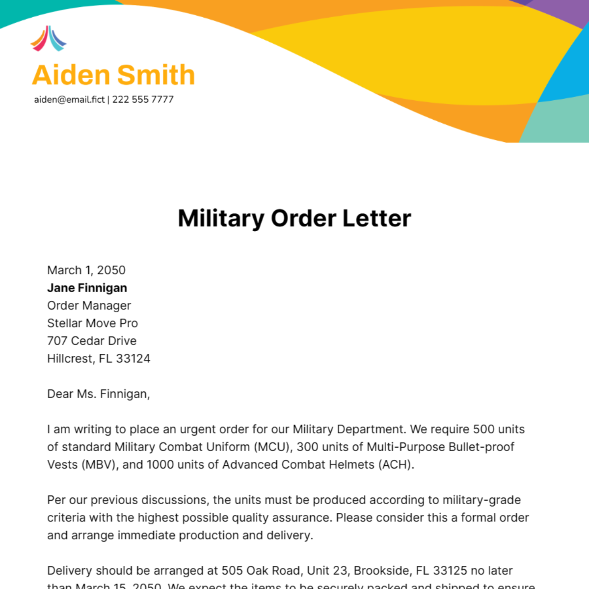 Military Order Letter Template