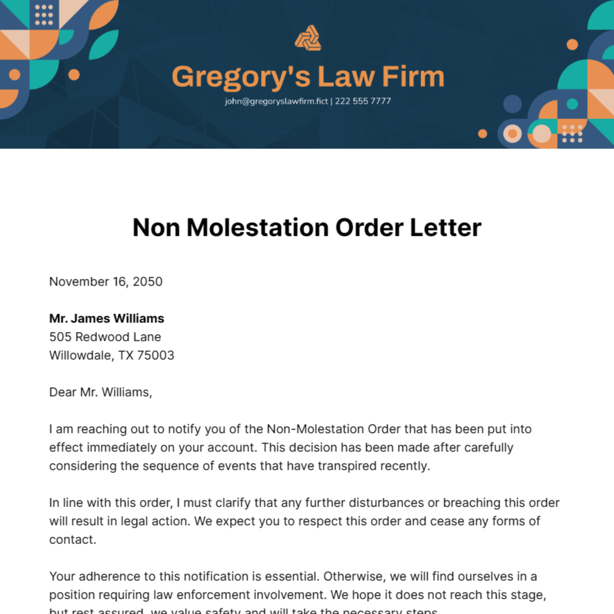 Free Non Molestation Order Letter Template