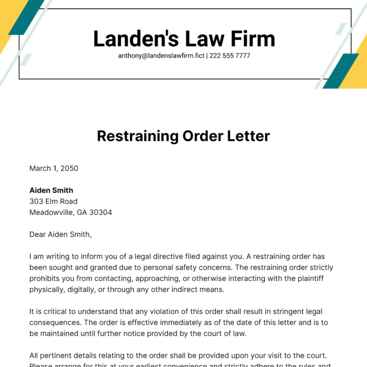 Restraining Order Letter Template