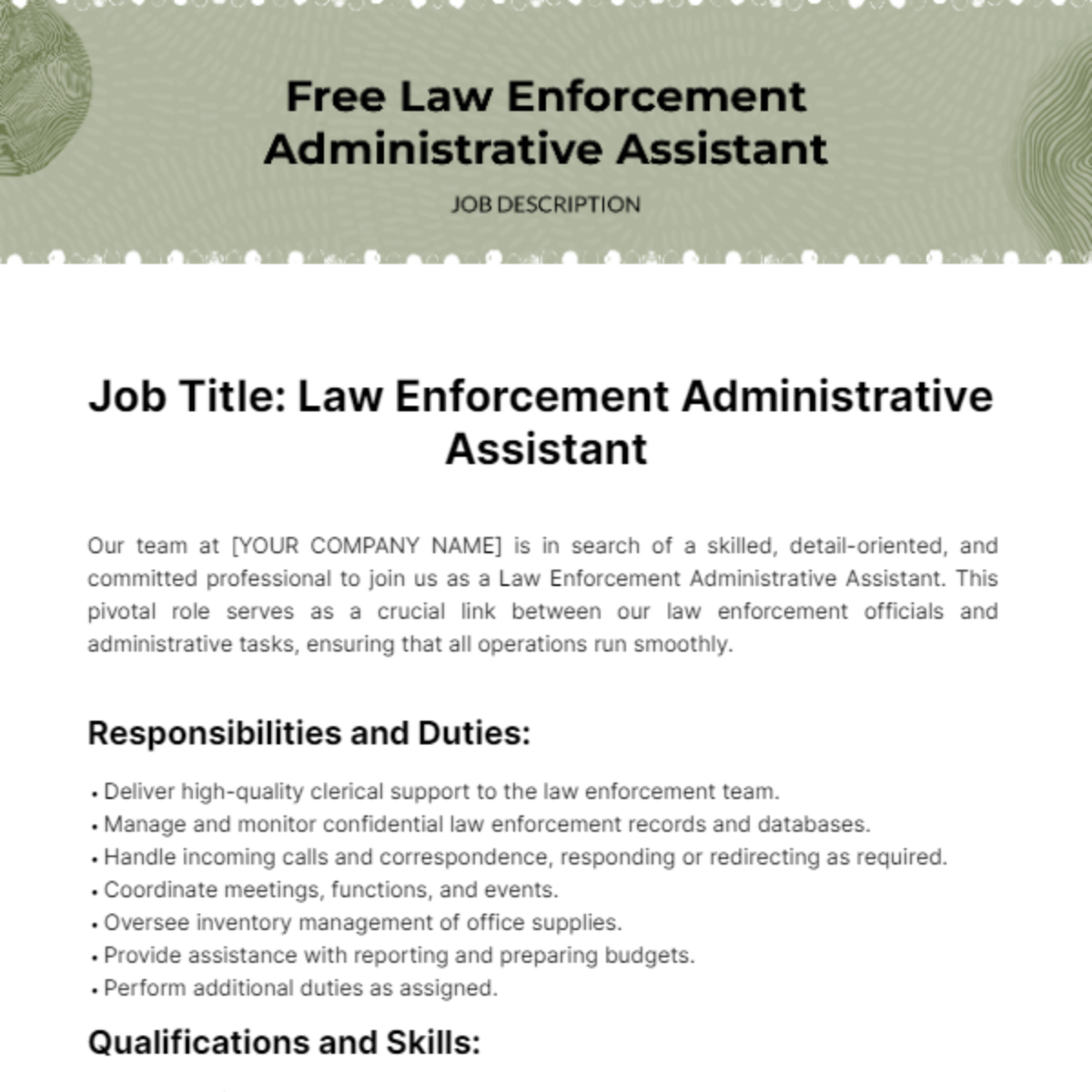 Free Law Enforcement Administrative Assistant Job Description Template