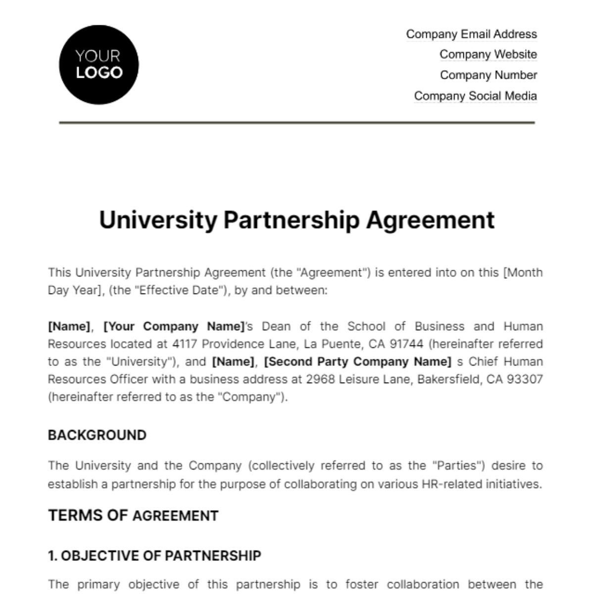 University Partnership Agreement HR Template