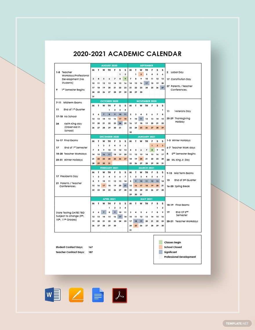 Simple Academic Calendar Template in Word, Pages, Google Docs, PDF