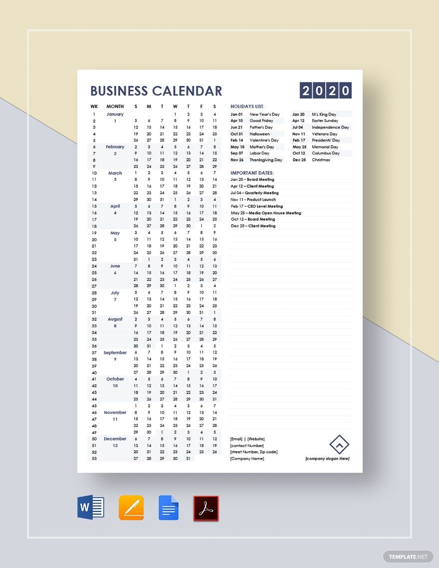 Simple Business Calendar Template