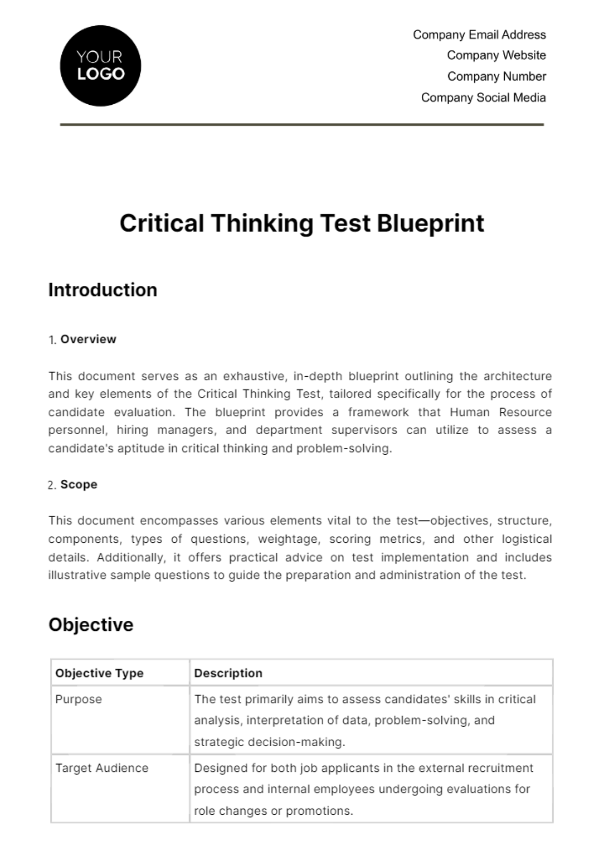 Free Critical Thinking Test Blueprint HR Template