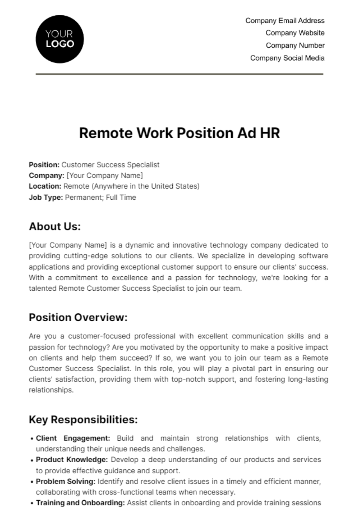 Remote Work Position Ad HR Template