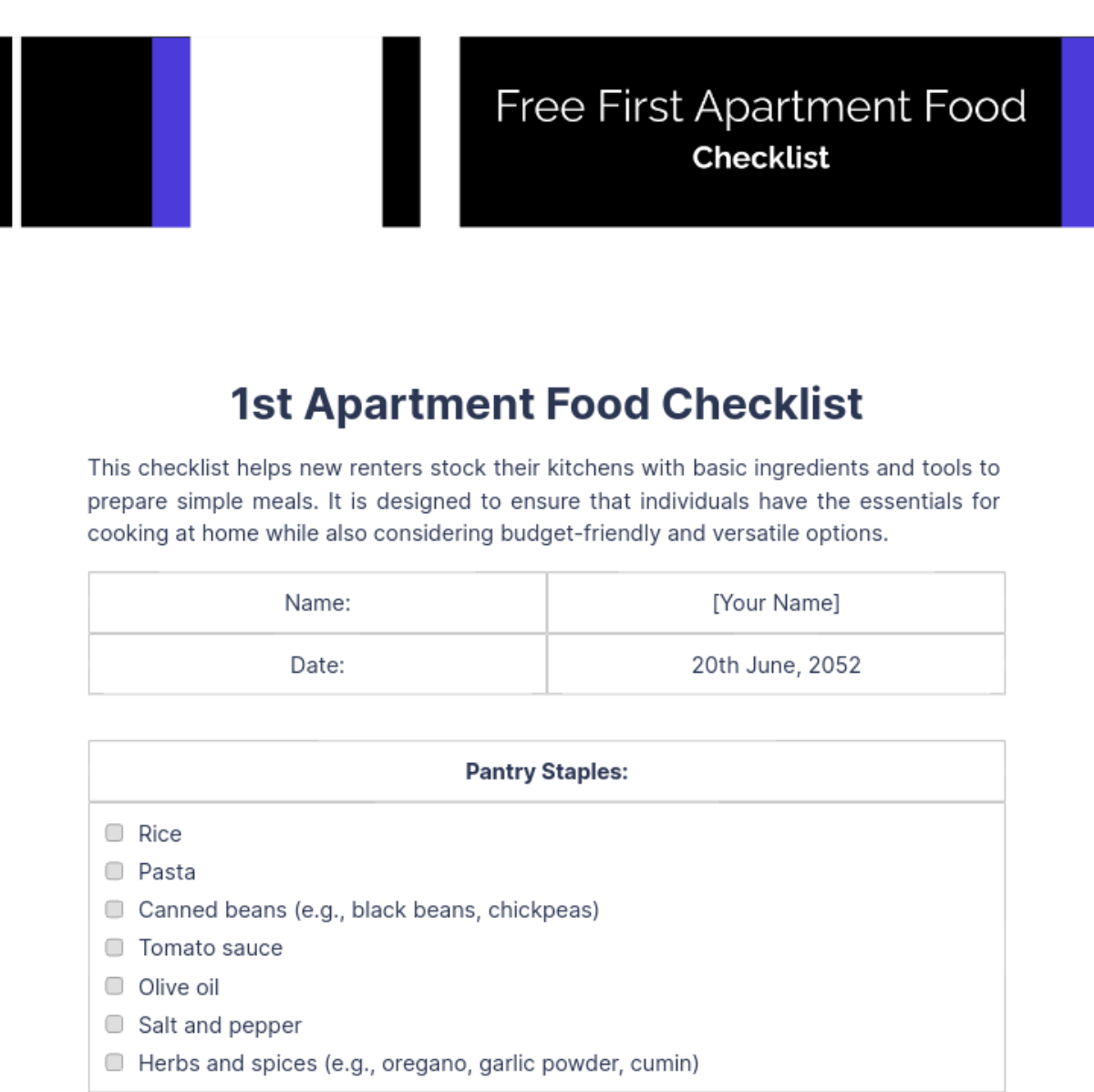 First Apartment Food Checklist Template