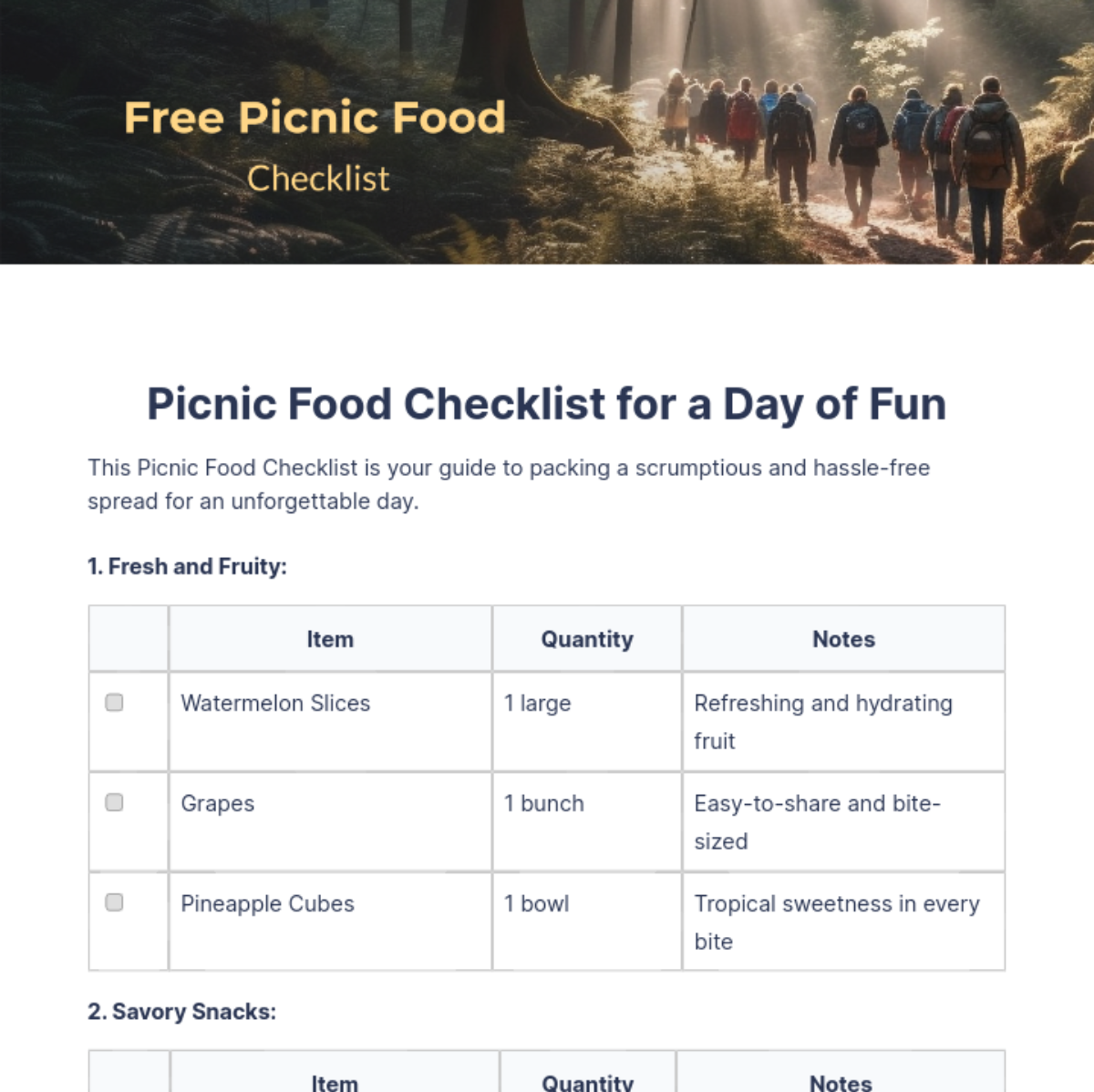 Free Picnic Food Checklist Template