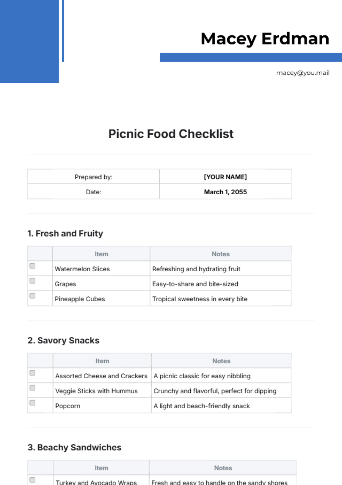 Picnic Food Checklist Template - Edit Online & Download