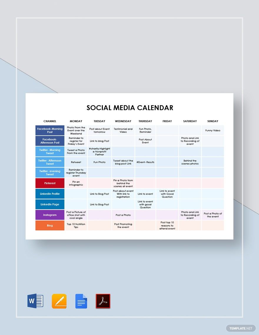 Simple Social Media Calendar Template in Google Docs Pages Word PDF