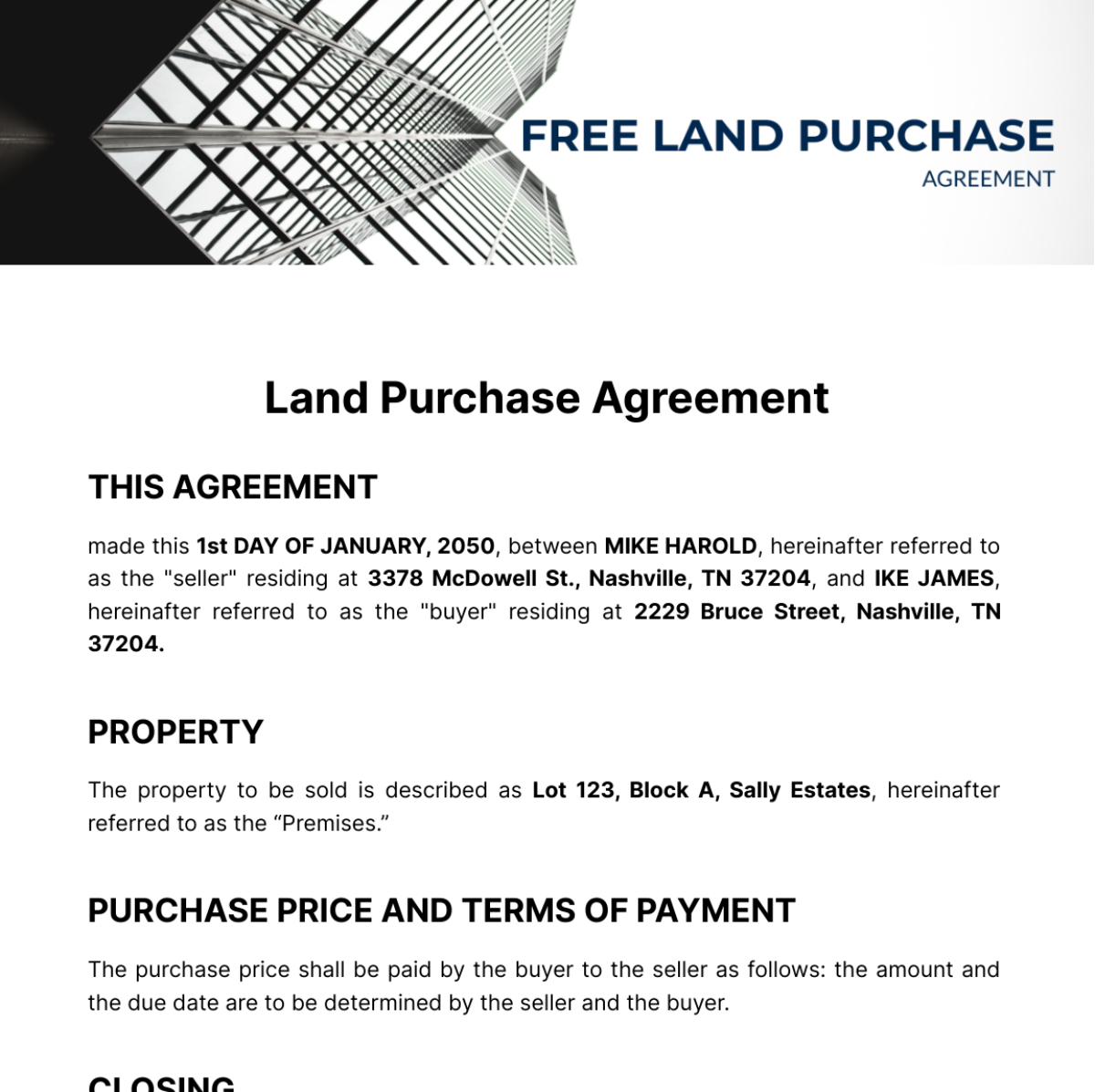 Free Land Purchase Agreement Template