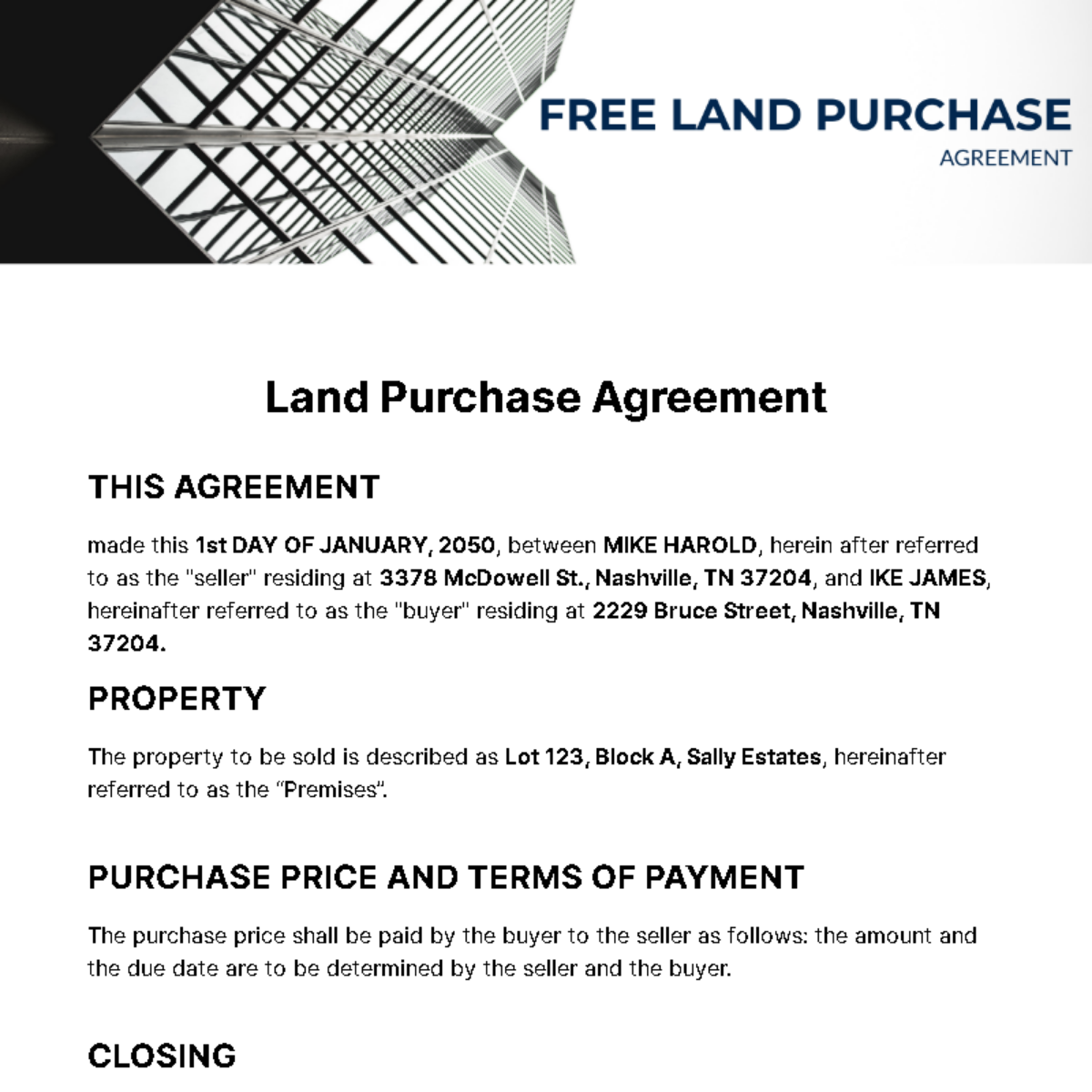 Free Land Purchase Agreement - Edit Online & Download | Template.net