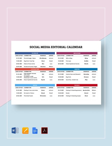 Social Media Calendar Template Google Docs Word Apple Pages PDF