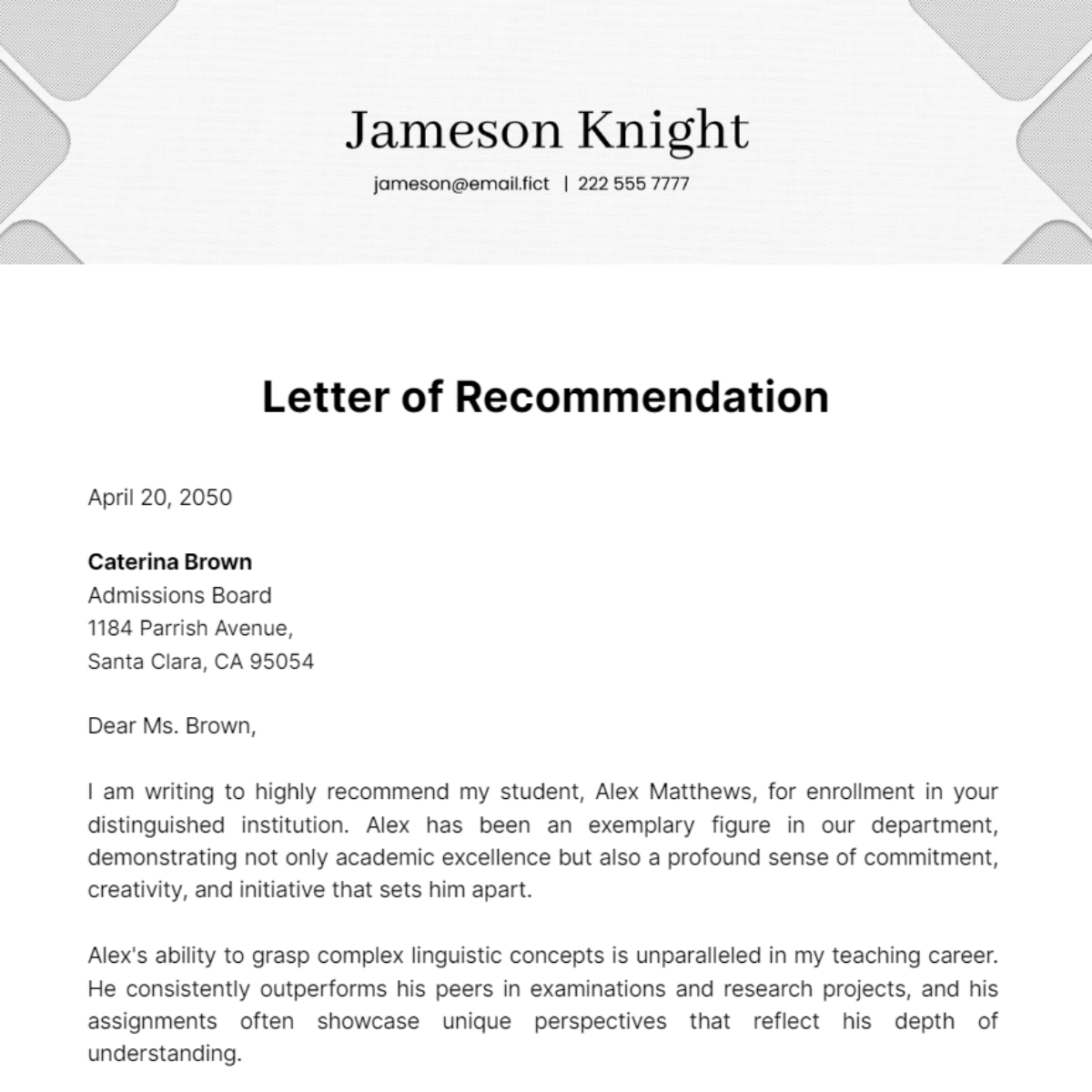 College Teacher Letter of Recommendation Template