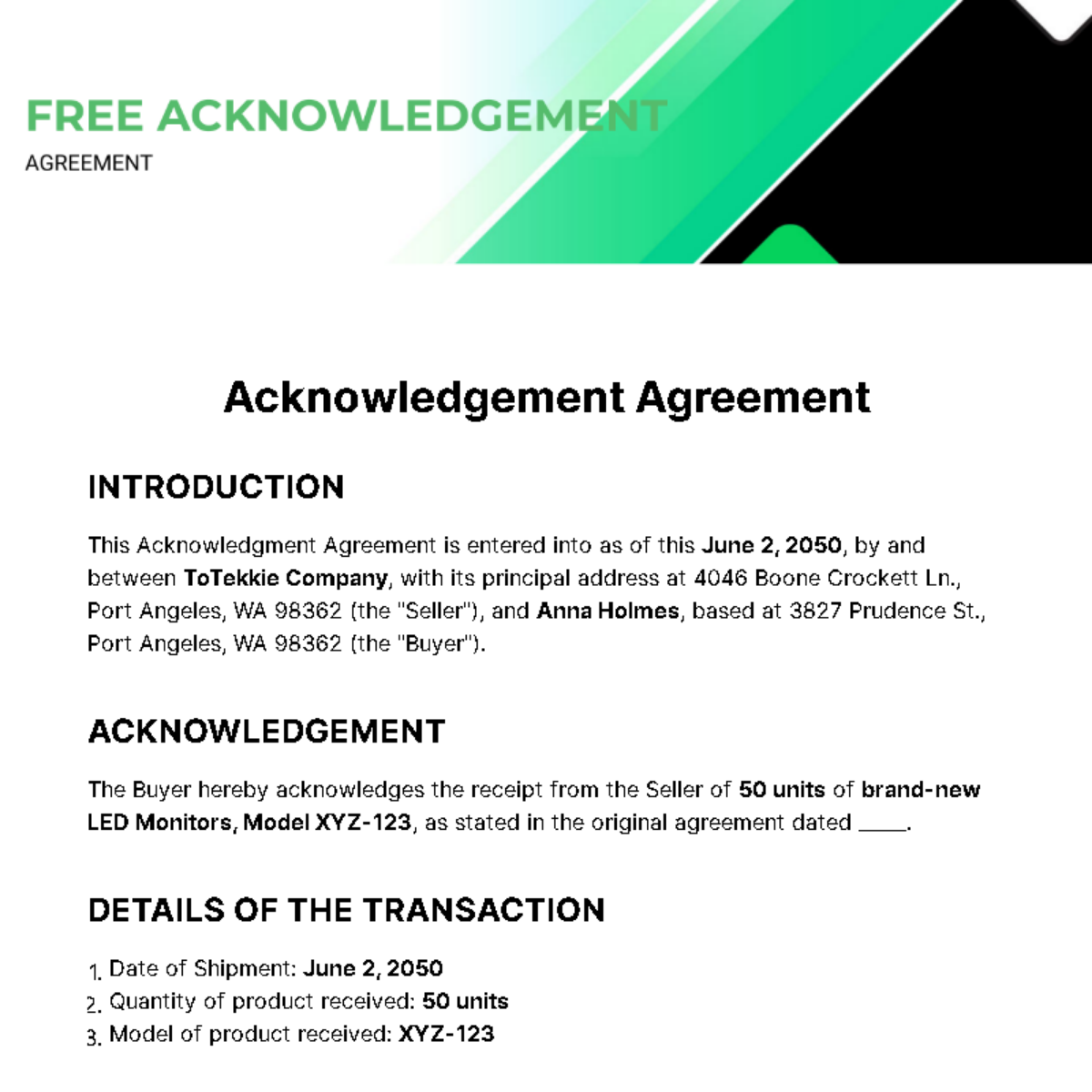 Free Acknowledgement Agreement Template