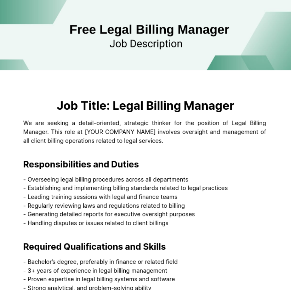 Legal Billing Manager Job Description Template