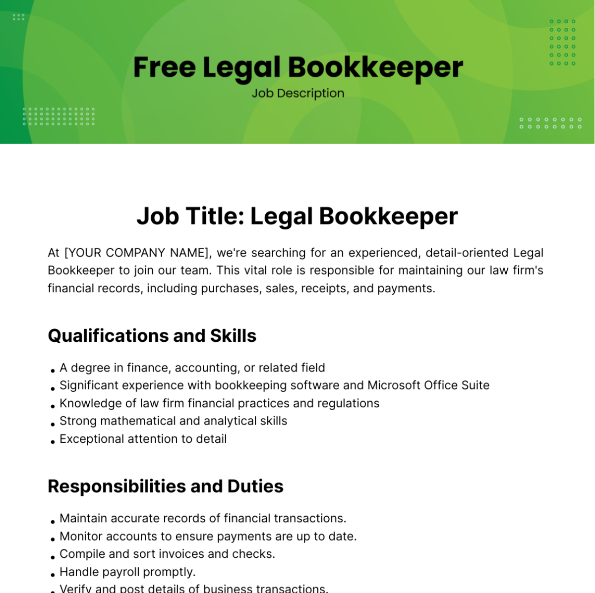 Free Legal Bookkeeper Job Description Template