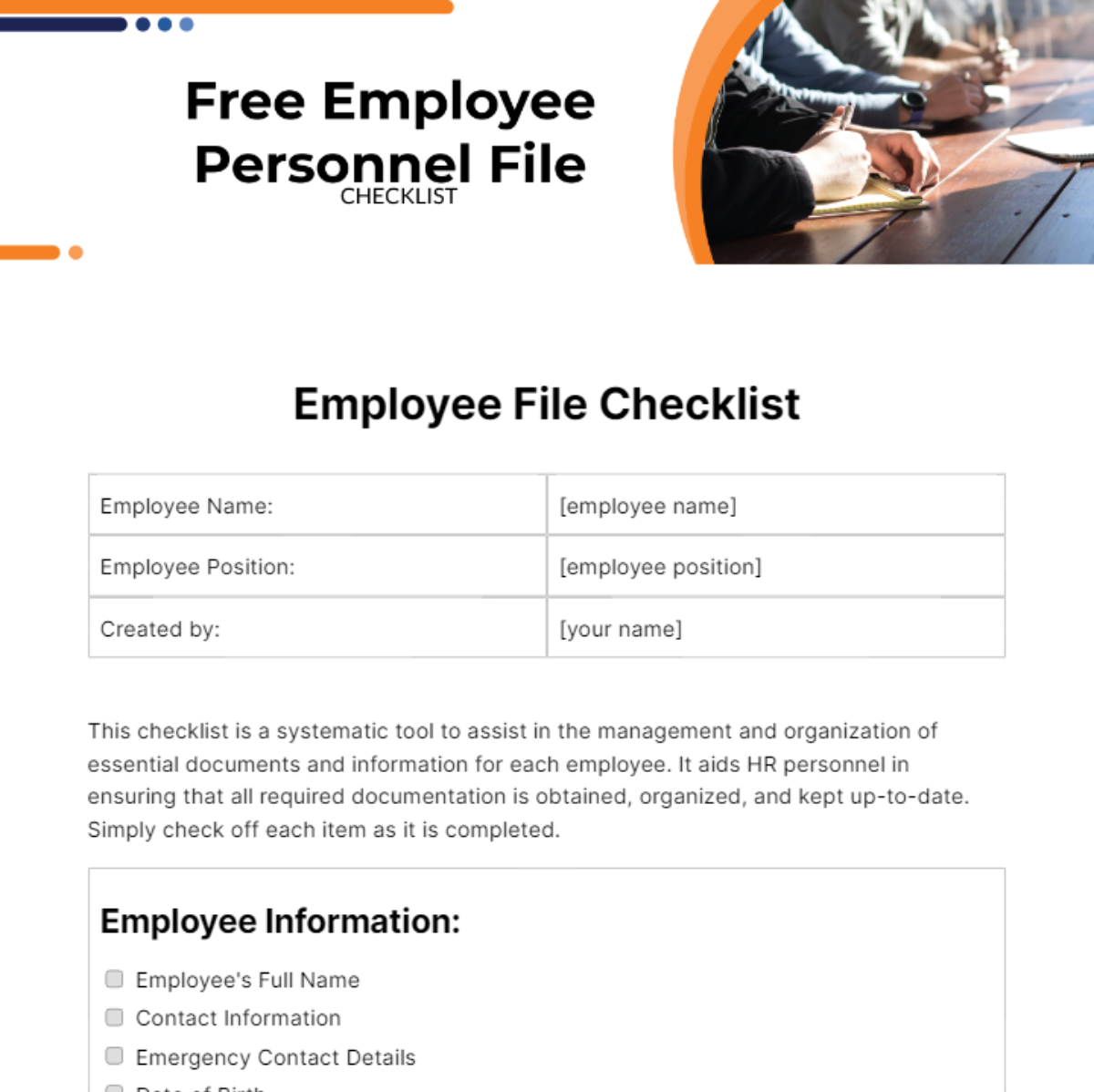 Employee Personnel File Checklist Template