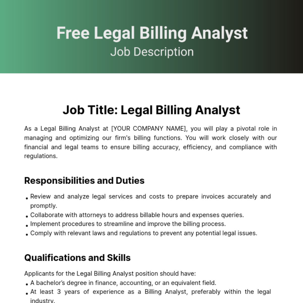 Legal Billing Analyst Job Description Template