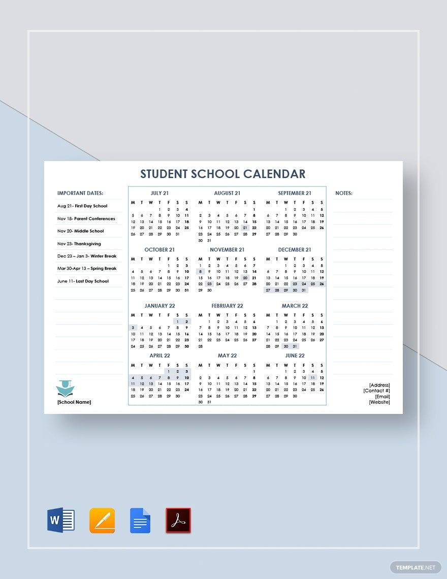 Student School Calendar Template