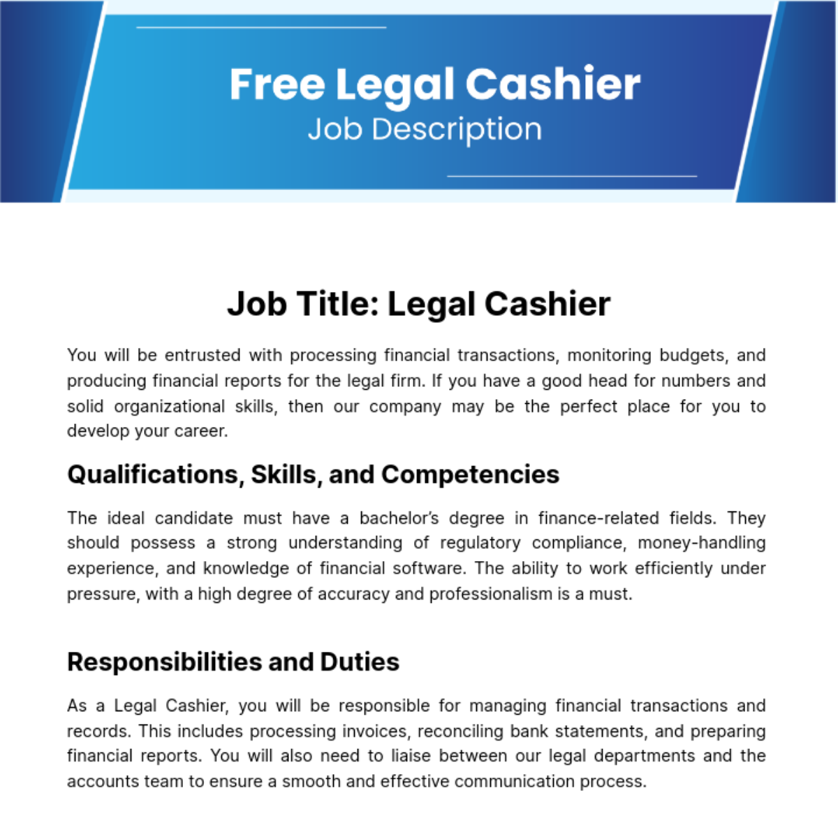 Free Legal Cashier Job Description Template