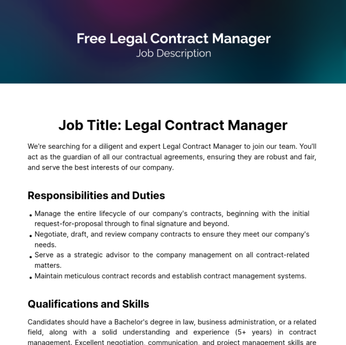Free Legal Contract Manager Job Description Template