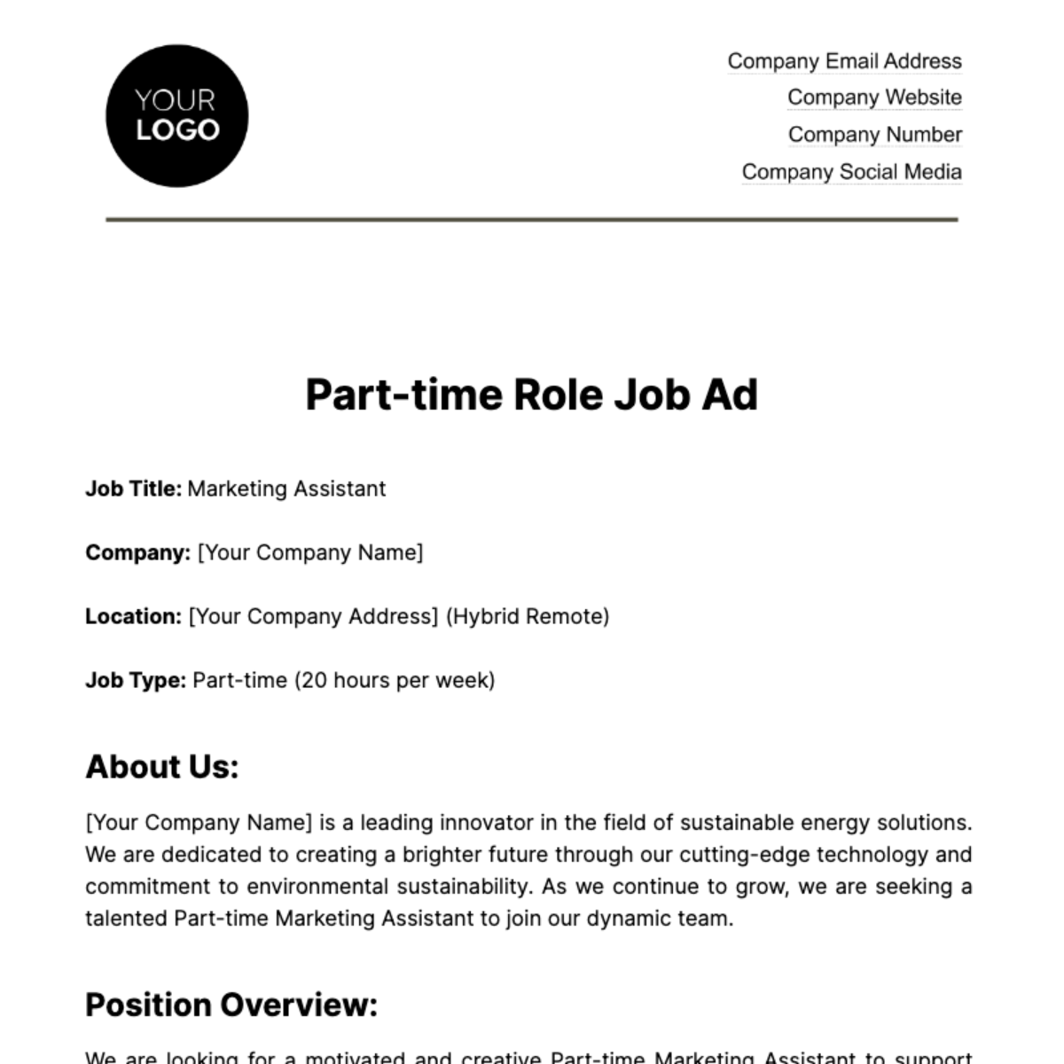 Part-time Role Job Ad HR Template - Edit Online & Download