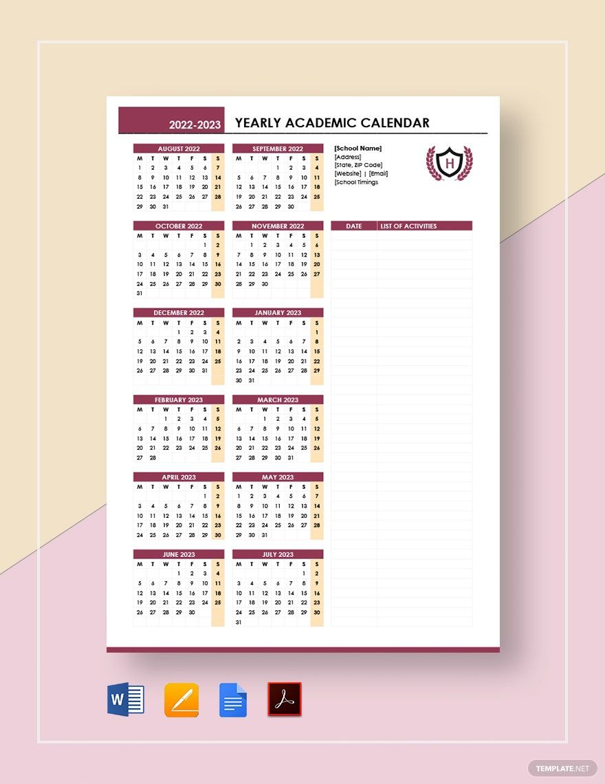 Yearly Academic Calendar Template in Word, Google Docs, PDF, Apple Pages