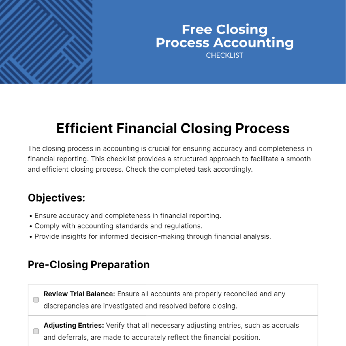 Free Closing Process Accounting Checklist Template