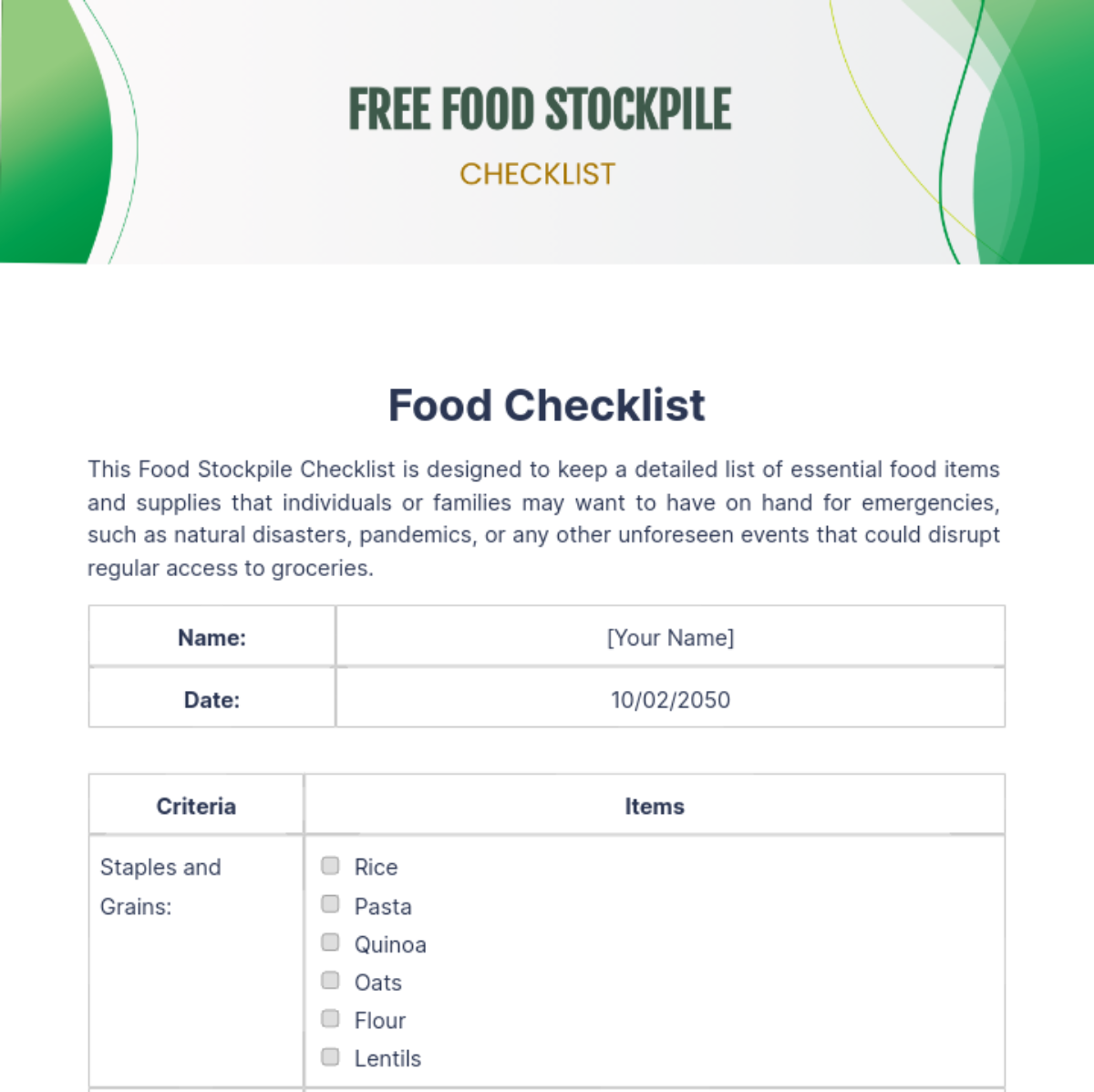 Free Food Stockpile Checklist Template