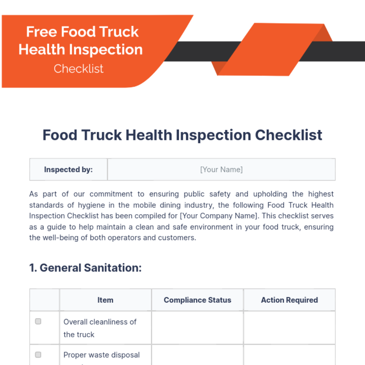 Free Food Truck Health Inspection Checklist Template