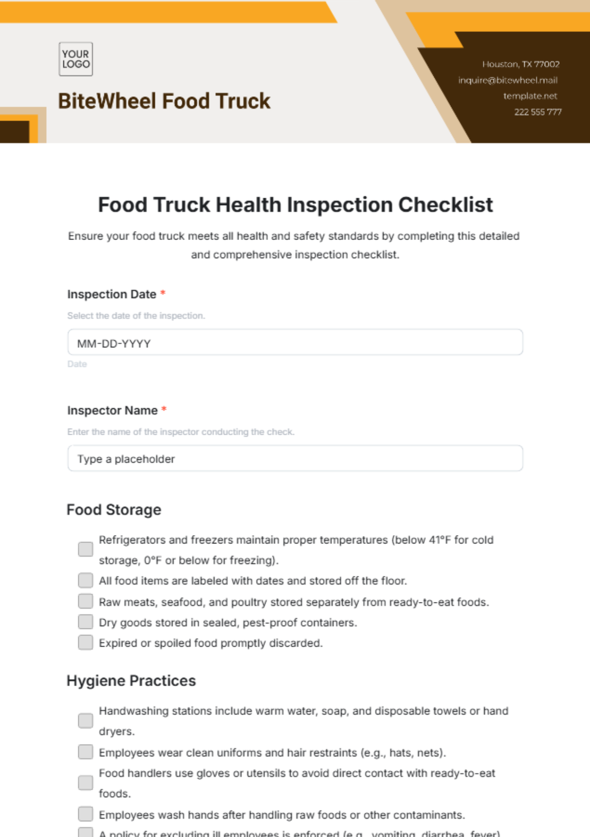 Food Truck Health Inspection Checklist Template