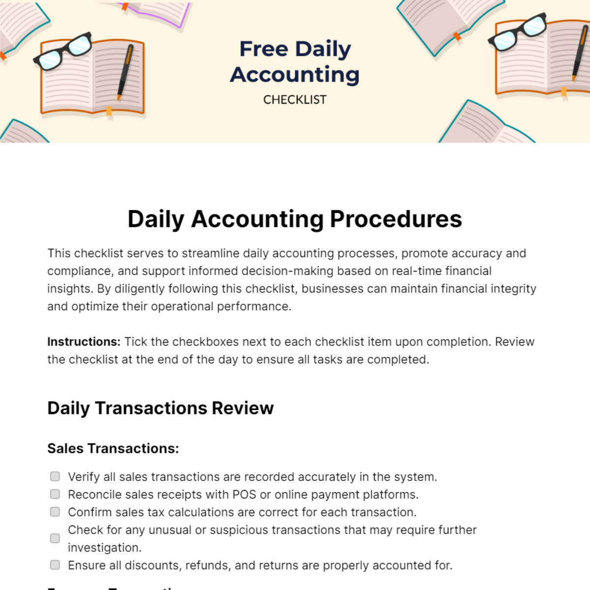 Free Daily Accounting Checklist Template