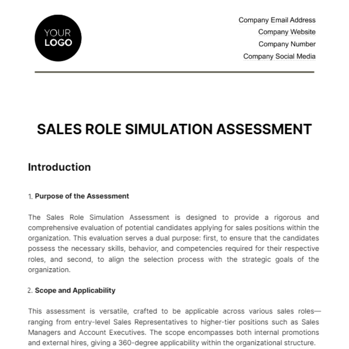Free Sales Role Simulation Assessment HR Template