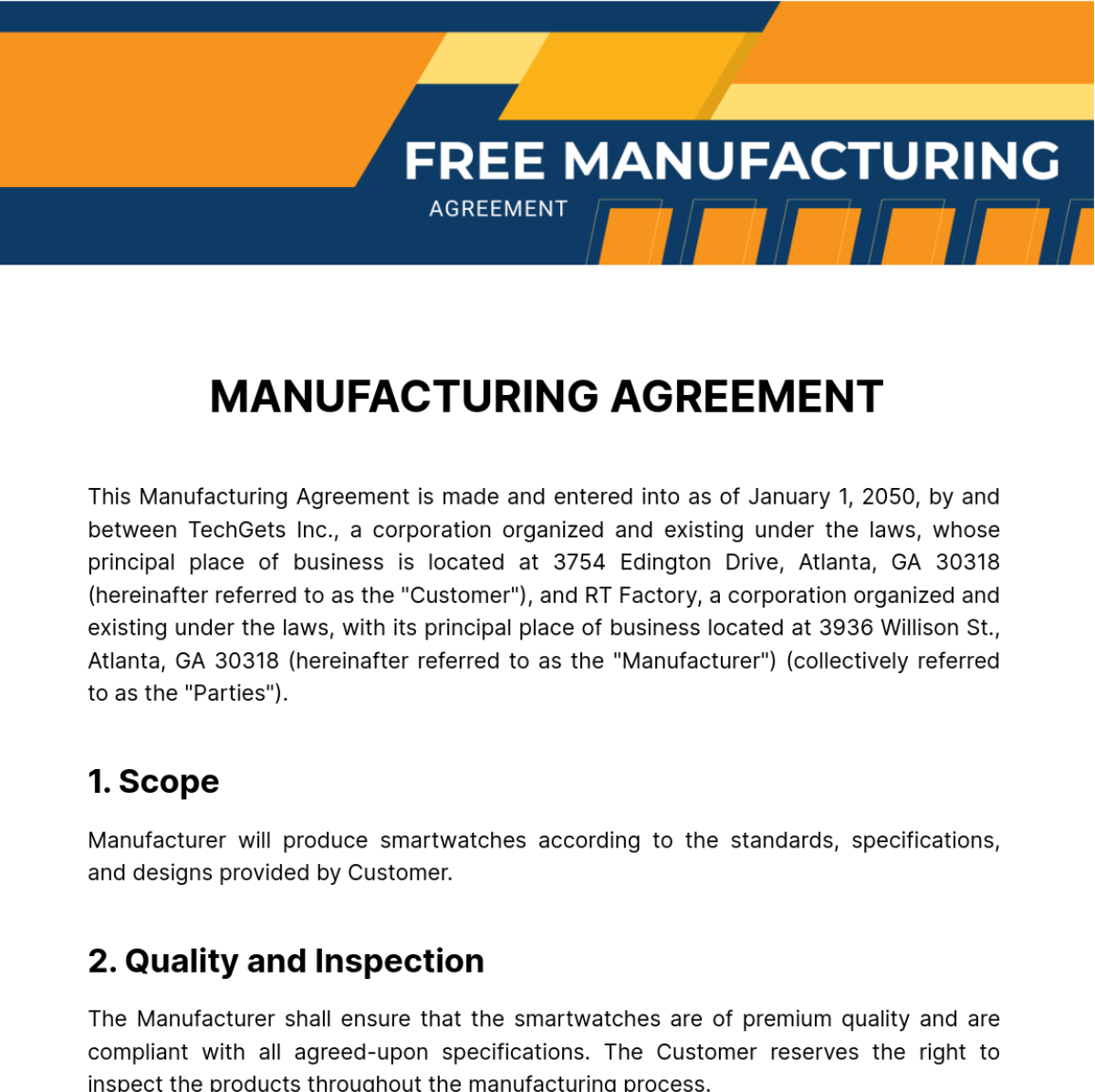 Free Manufacturing Agreement Template