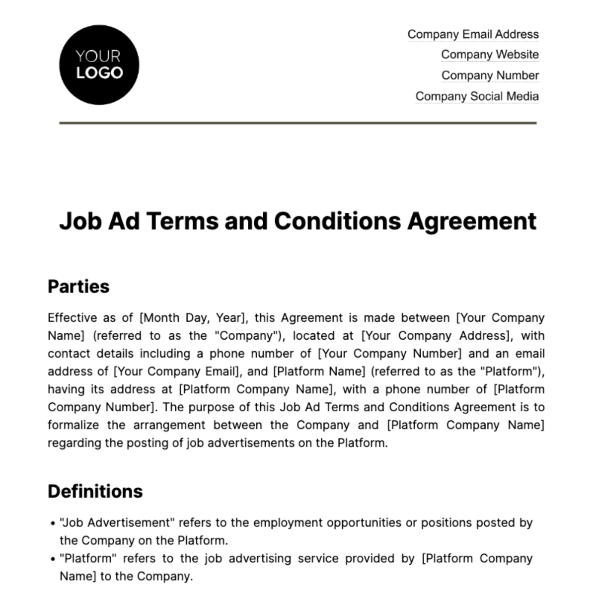 Job Ad Terms and Conditions Agreement HR Template