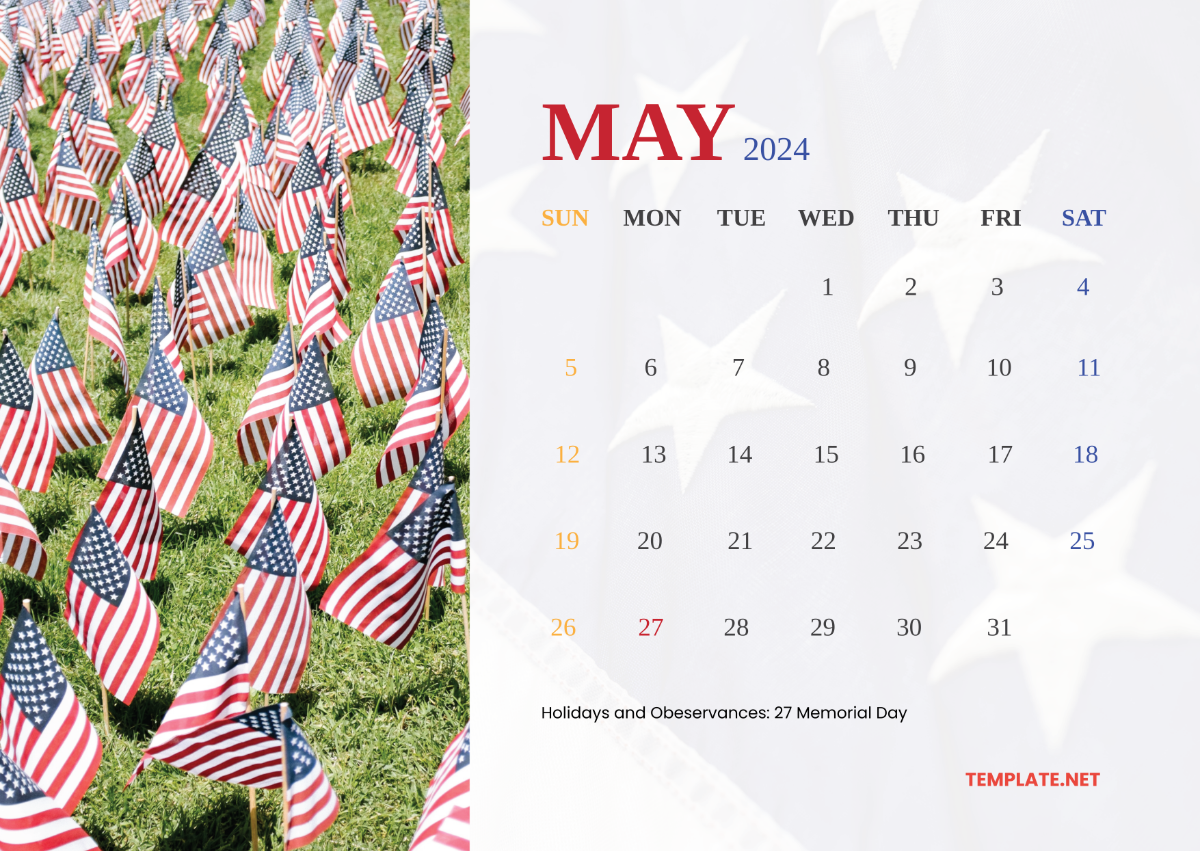 May 2024 Calendar with US Holidays Template