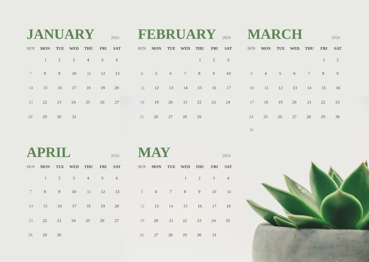 January to May 2024 Calendar