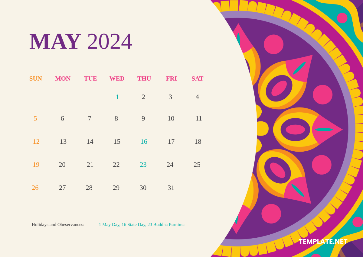 May 2024 Calendar with Holiday India Template