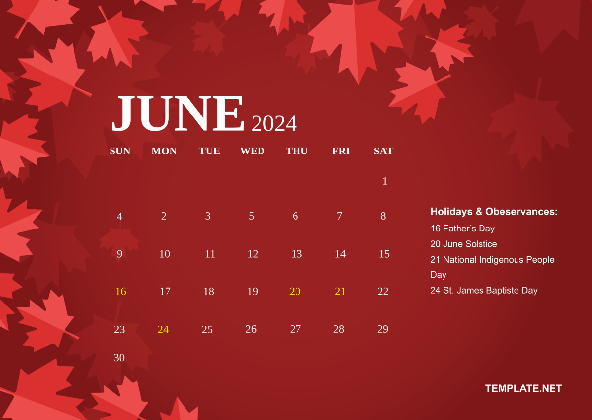 June 2024 Calendar with Holidays Canada Template