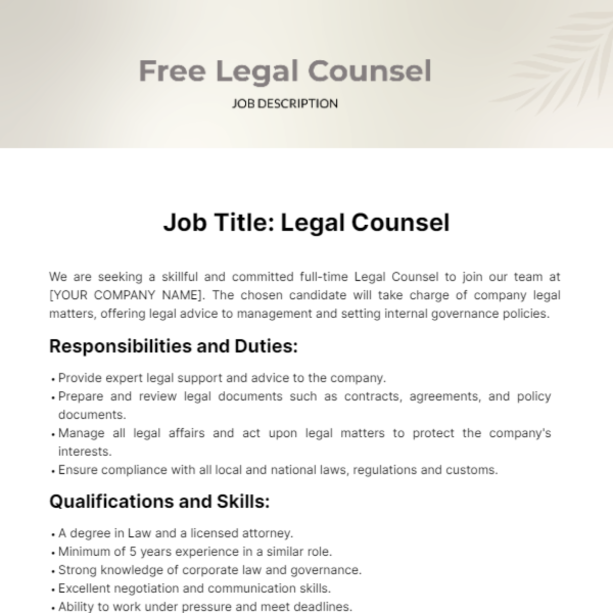 Legal Counsel Job Description Template
