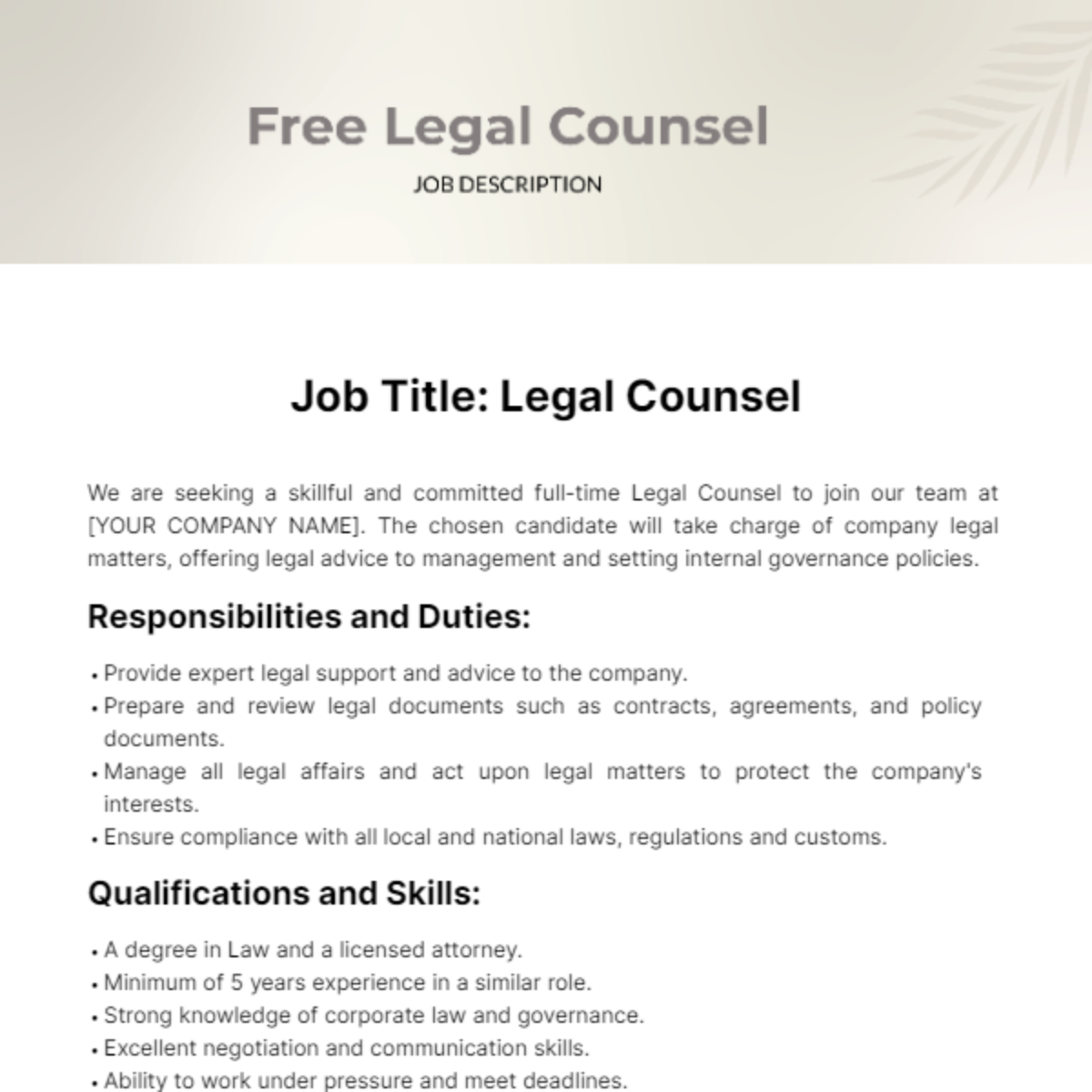 Legal Counsel Job Description Template Edit Online Download Example 