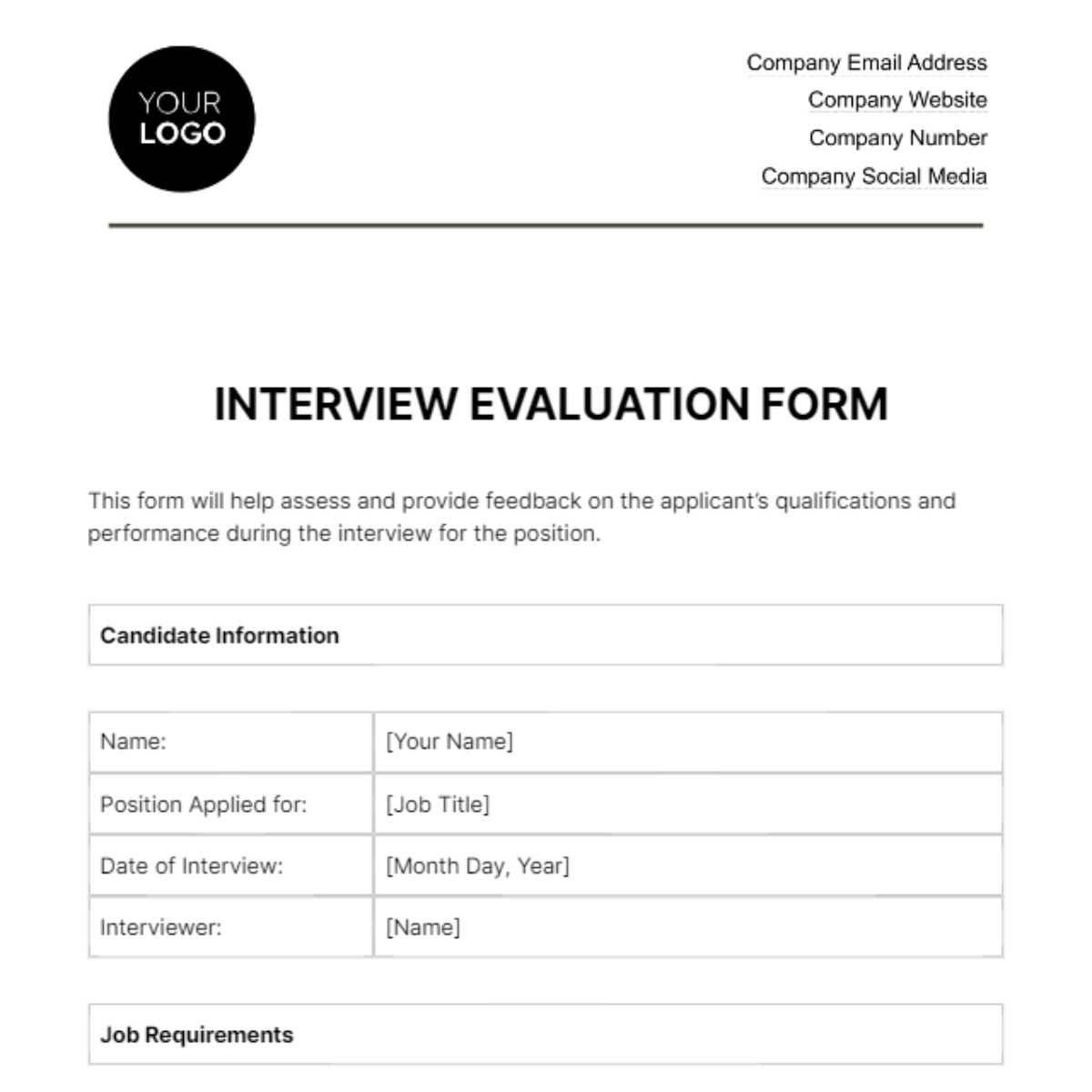 Interview Evaluation Form HR Template