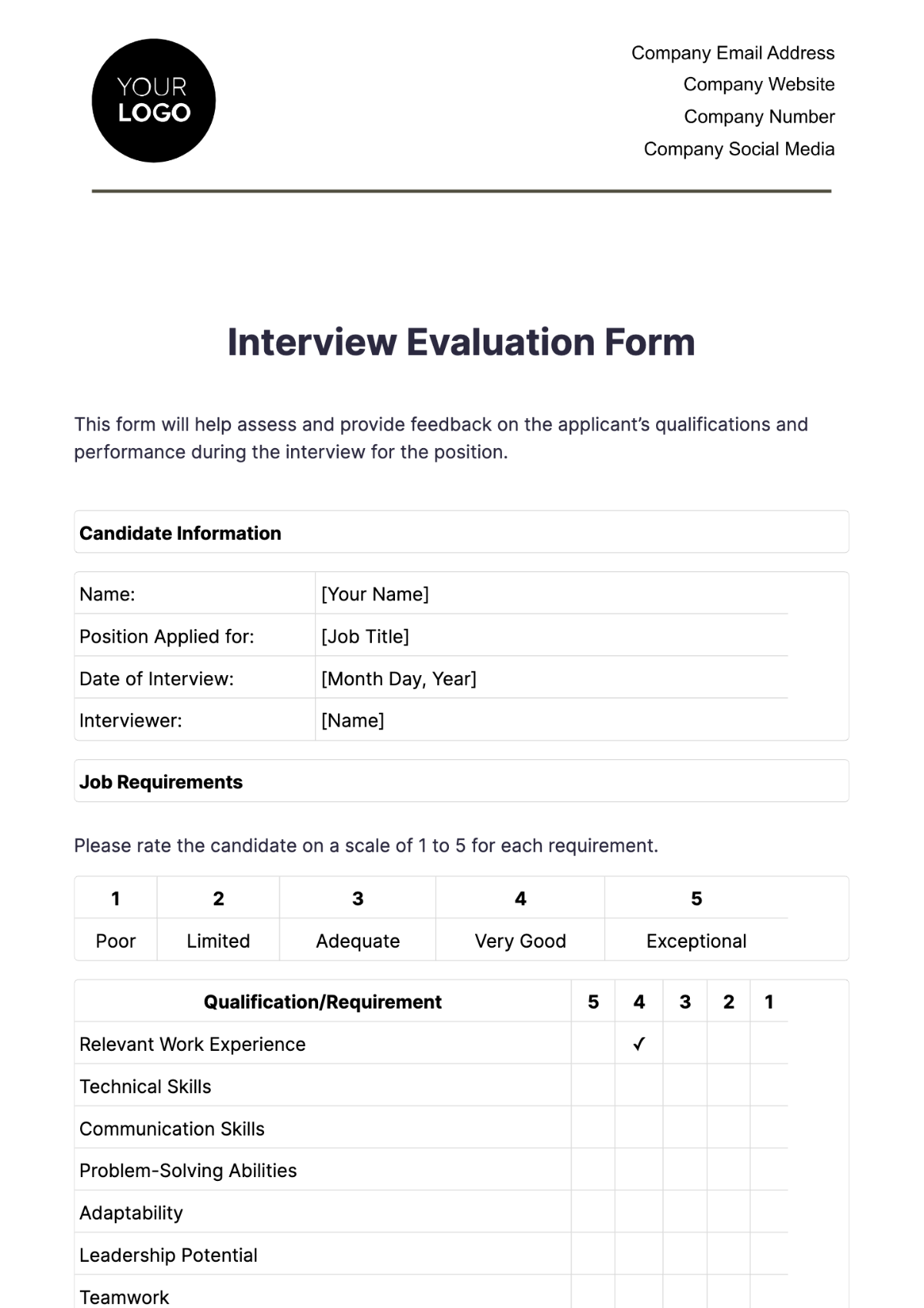 Interview Evaluation Form HR Template - Edit Online & Download