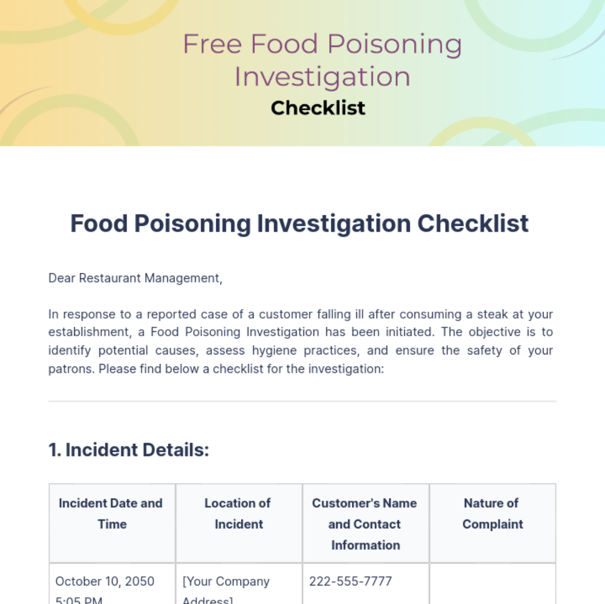 Free Food Poisoning Investigation Checklist Template